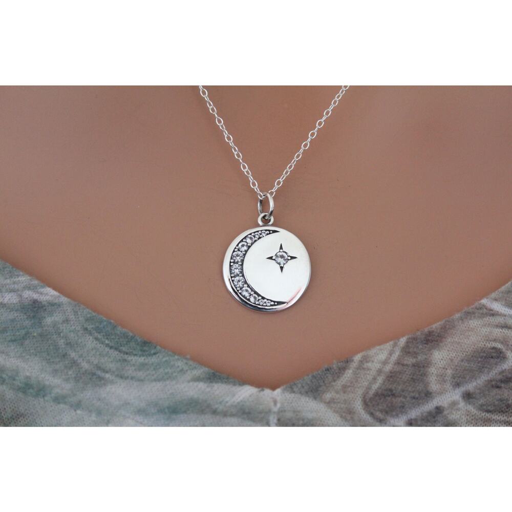 Sterling Silver Disk Charm with Nano Gem Star and Moon Necklace